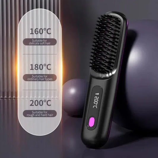 Wireless LCD Rechargeable Ceramic Heating Straight Hair Comb